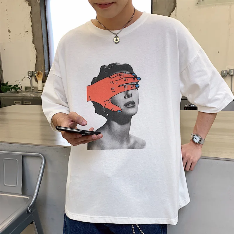 2020 Summer New Youth Pop Men's Print Loose Short Sleeve T-shirt Fashion Casual Round Neck Pullover Black / White M-2XL | Мужская