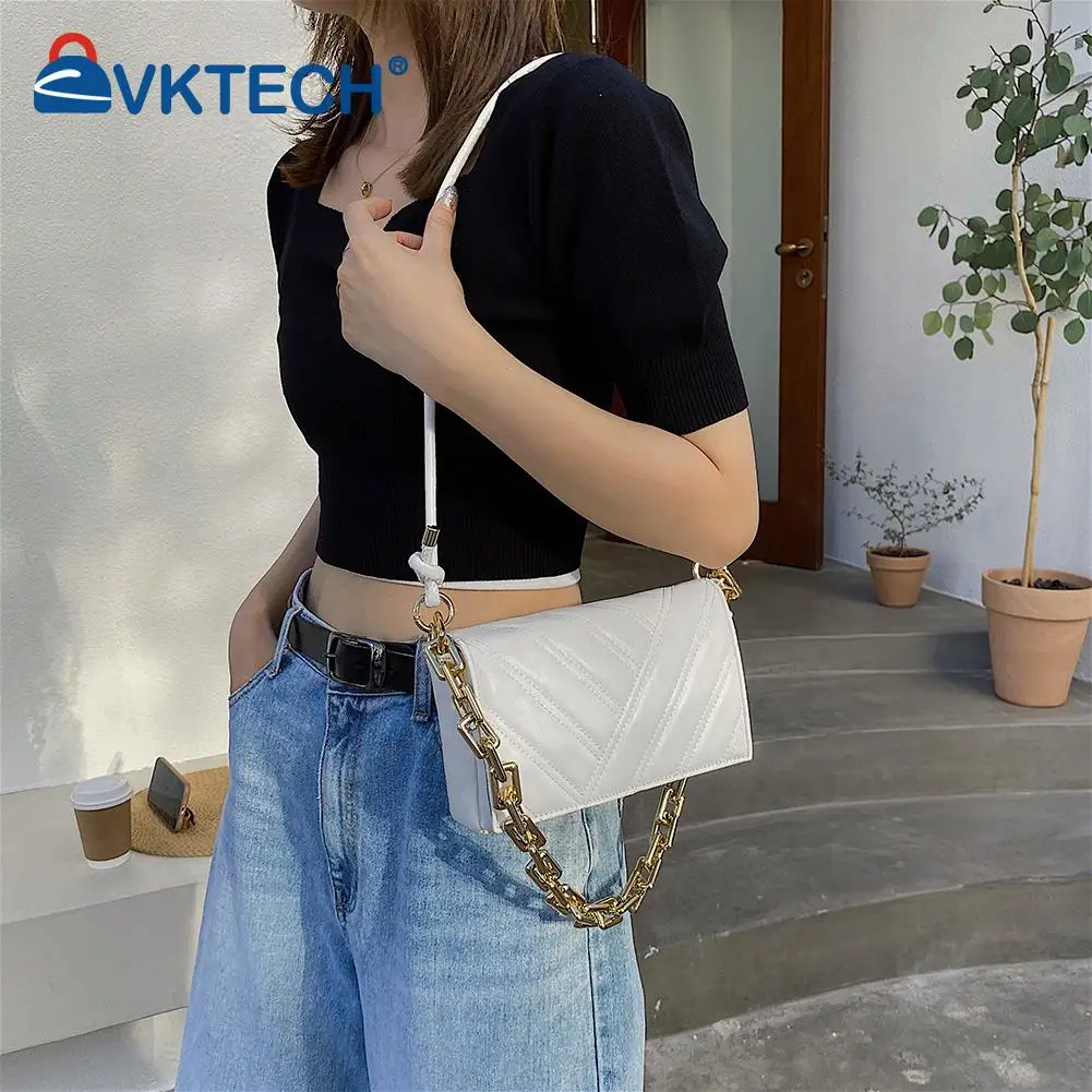 

Fashion Women Lattice Pattern Solid Color PU Leather Shoulder Messenger Bag Casual Ladies Thick Chain Small Flap Purse Handbags