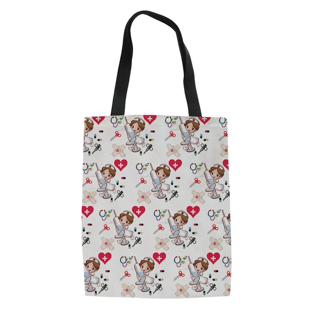 

New Fashion Women Eco-Friendly Shopper Linen Tote Bag Cartoon Nurse Pattern Canvas Bag Teen Girl Book Bag bolsa tela Free Drop