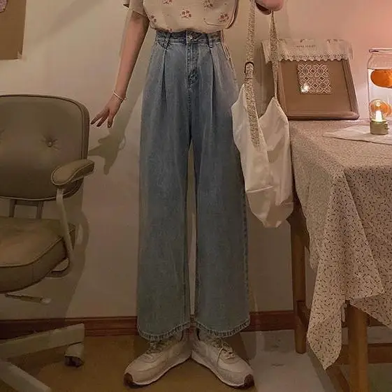 

Lace edge wide leg jeans women's autumn Korean student baggy high waisted dad pants retro show SLIM STRAIGHT pants trend