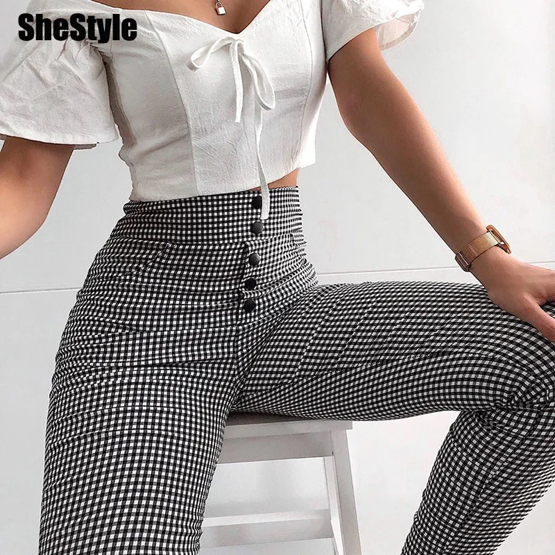 Женские узкие брюки карандаш shstyle клетчатые повседневные длинные с высокой