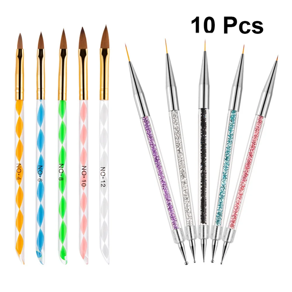 

10pcs/2 Sets Nail Liner Brushes Crystal Nail Pen Nail Painting Brushes Manicure Brush Nail Paint Art Tool and Double Head Nail D