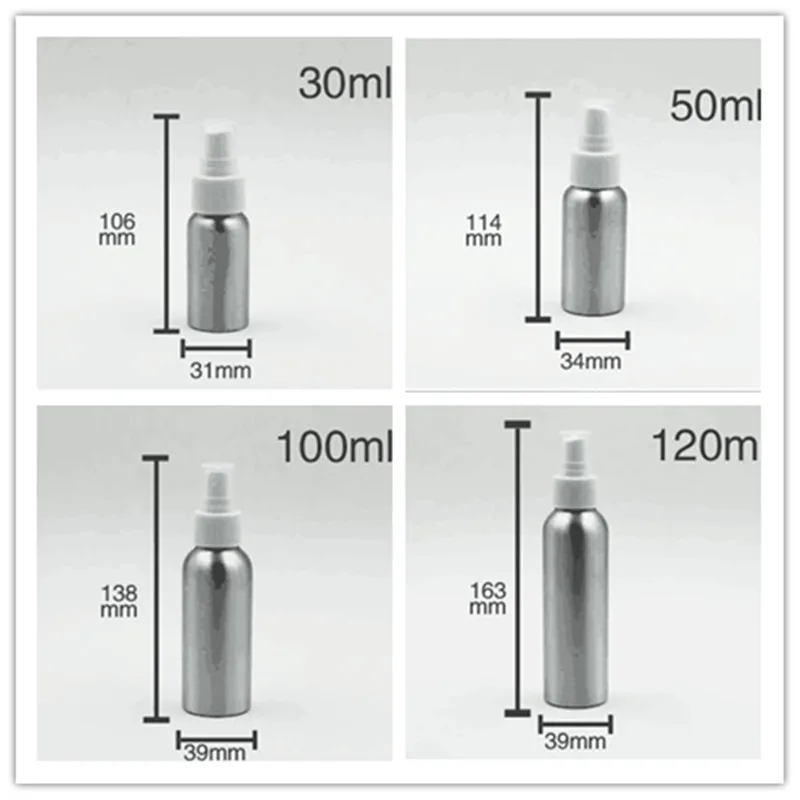 

Free Shipping 30 50 100 120 ML Empty Silver Aluminum Metal Perfume Bottles With Spray 1 3.5 4 OZ Cosmetic Containers Wholesale