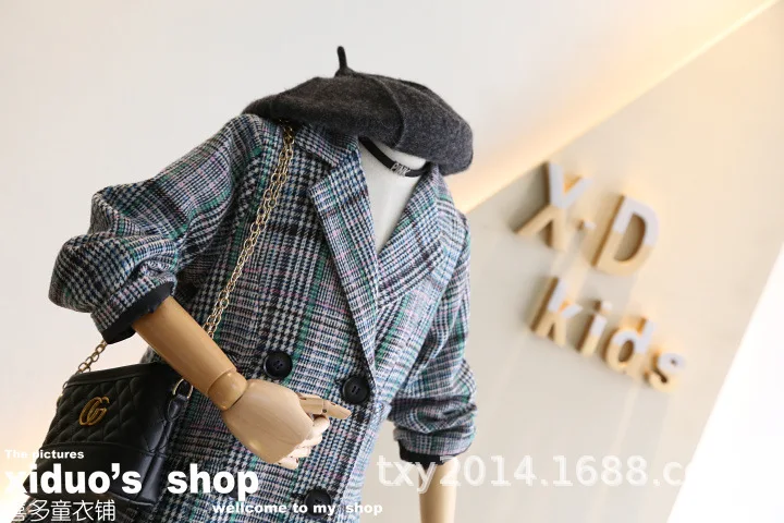 Children's jacket 2019 autumn and winter new girls retro tone tartan suit lapel three-dimensional pleated wrinkle dress | Детская