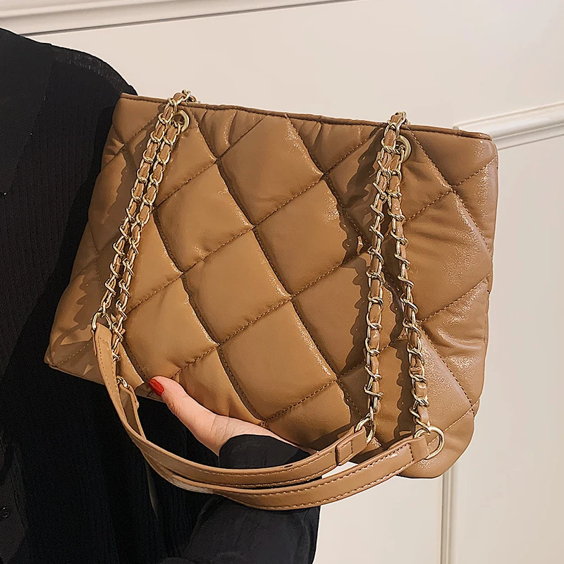 

PU Big Tote for Women Chain Argyle Print Shoulder Bag High Quality Large-capacity Handbags Females Casual Top-Handle Bags 2022