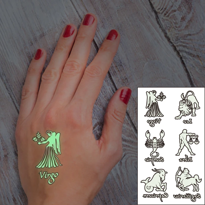 Waterproof Temporary Luminous Tattoo Sticker Leo Virgo Scorpio Libra Sagittarius Constellation Flash Fake Tatto for Women Men |
