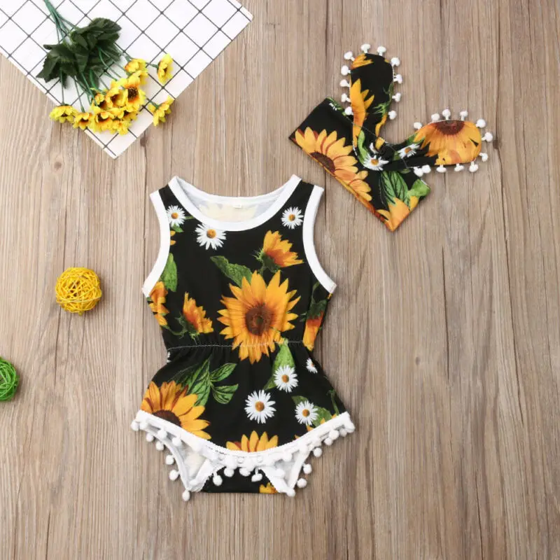 2019 летняя одежда для малышей Одежда маленьких девочек боди с подсолнухами