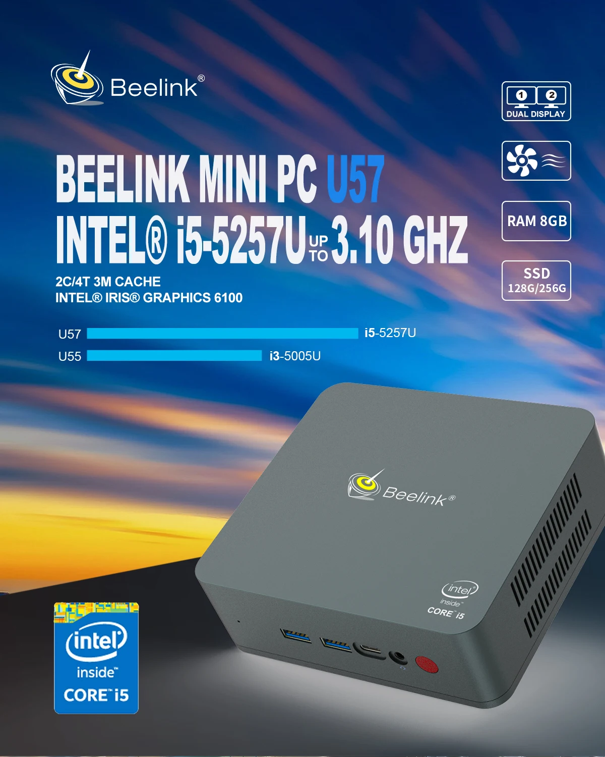 Beelink U57 Мини ПК Intel Broadwell i5-5257U 8G 128 Гб/256 ГБ/512 ГБ/1 ТБ Win10 USB 3 0 BT 4 Тип-C двойной WI-FI 2 4G + 5 12V
