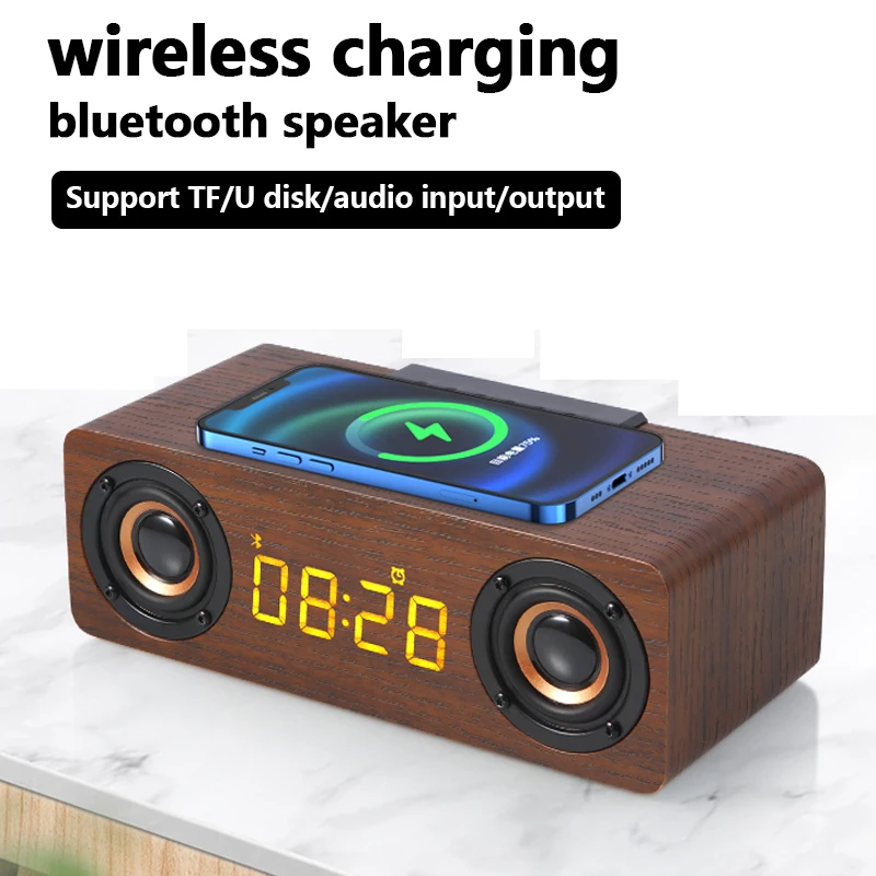 Wooden Bluetooth Speaker Alarm Clock Subwoofer TV Soundbar Home Theater Wireless Charging Column Computer Speakers Music Center