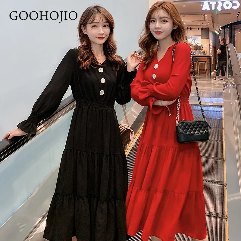 

Новинка 2021, весенне-осеннее темпераментное платье GOOHOJIO, женское винтажное платье в стиле ретро с длинным рукавом, однотонное женское платье