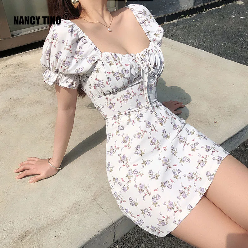 

White Casual Women's Dress Floral Folds Summer Mini Dress French Sweet Puff Sleeve Summer Women's Dress Waist A-line Skirt