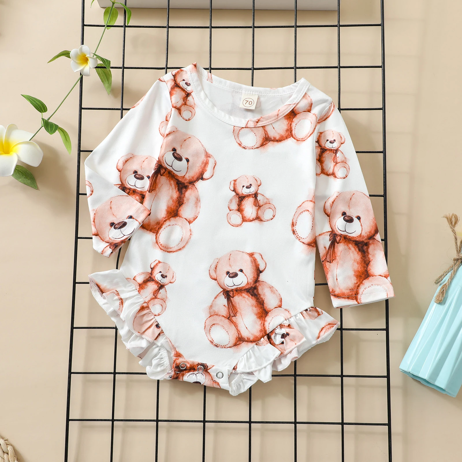 

0-24M Infant Baby Girls Boys Cute Romper Cartoon Bear Printed Ruffles Long Sleeve Jumpsuits Outfits