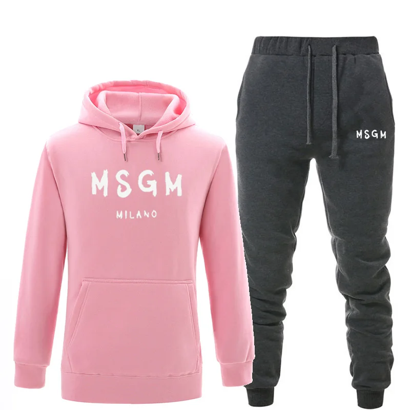 Pink dark gray Мужские комплекты, спортивный костюм, теплые комплекты с принтом MSGM, модная спортивная одежда с толстовки, комплект из 2 предметов, осенне-зимний костюм для мужчин - Цвет: Pink dark gray