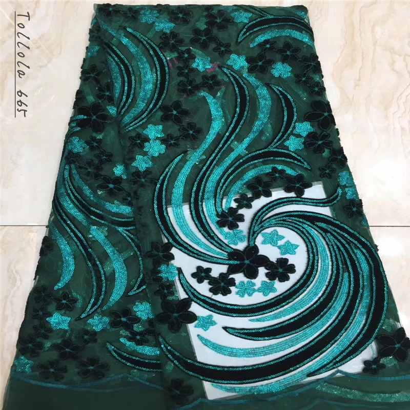 Teal Nigeria Latest Design Velvet Lace Fabric 5 Yards/pcs High Quality African With Color Sequins For Party Dress | Дом и сад