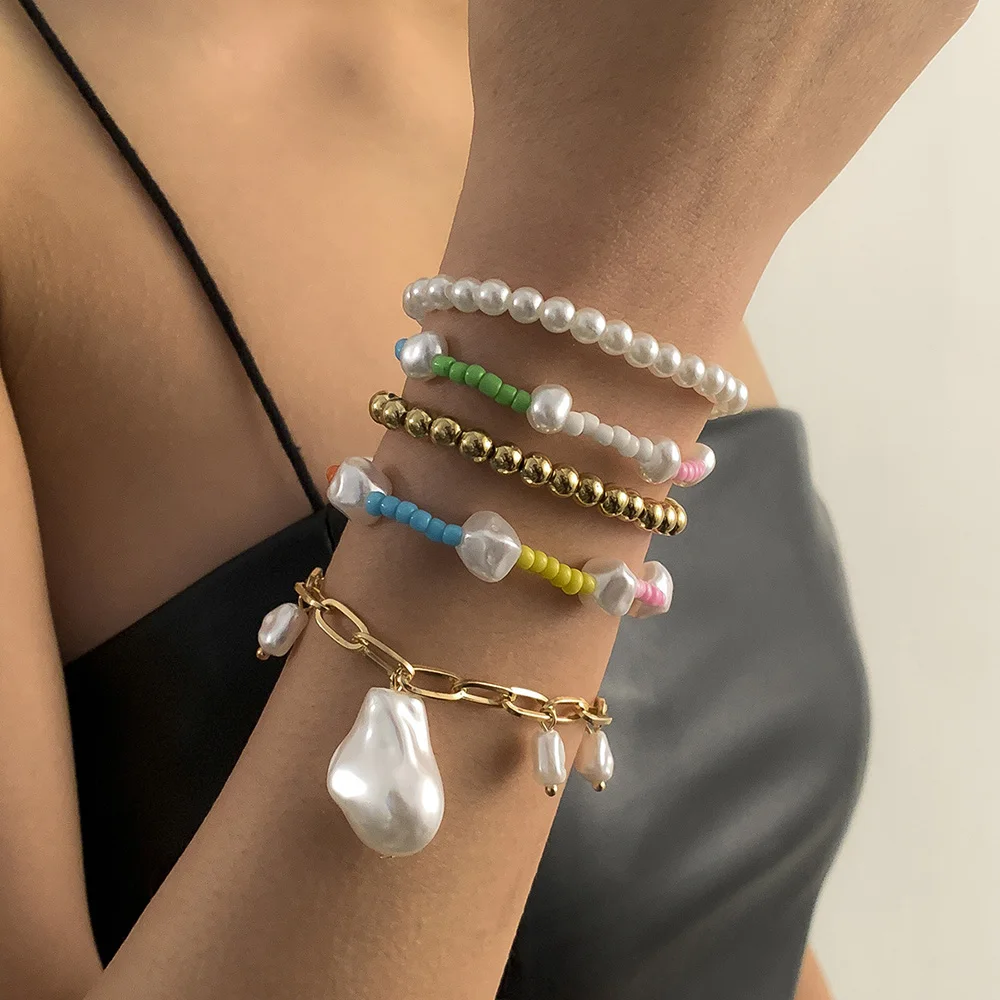 

Charm Cute Baroque Imitation Pearl Chain Bracelet Set For Women Statement Colorful Bead Bangle Bracelet On Hand Girls Jewelry