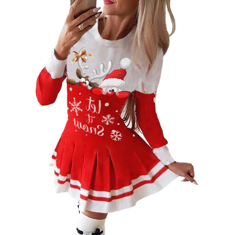 

Women Elegant Mini Casual Dress Female O-Neck Stylish Christmas Snowflake Father elk Print Red Long Sleeve Pleated Dress