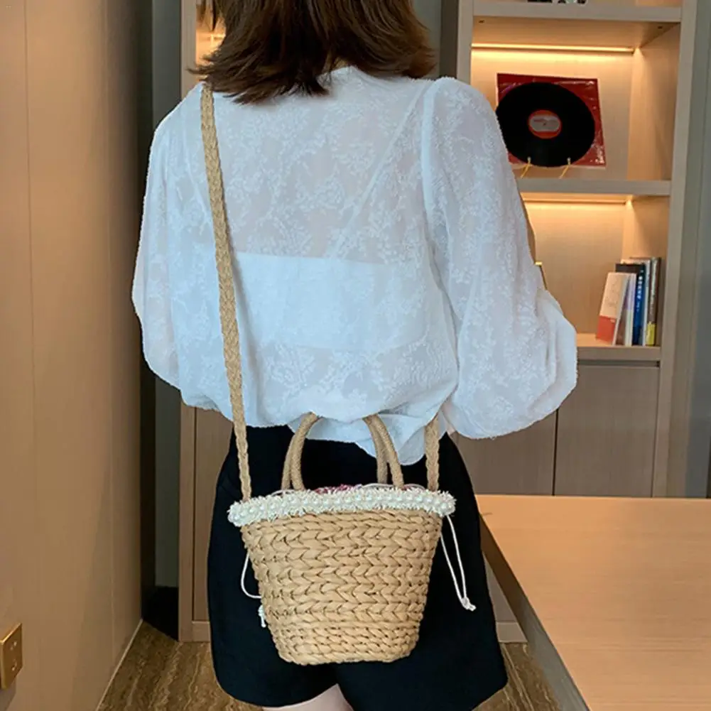 Женская сумка ведро богемный Модный с жемчугом ручной работы Соломенная