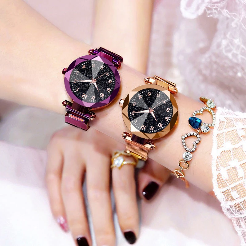 

Женские часы 2019, брендовые Роскошные Кварцевые наручные часы с браслетом из нержавеющей стали и магнитной пряжкой, с изображением звездног...