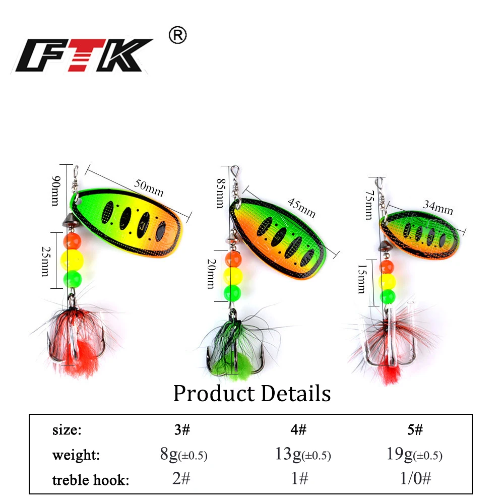 FTK Metal Fishing Lure Spinner Bait 8g 13g 19g Spoon Lures Bass Hard Baits With Feather Treble Hooks Wobblers Pike Tackle