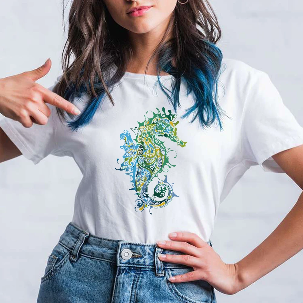 

Peacock Cutw Animal Women T Shirts Soft O-Neck Kawaii Russia Comfy Short Sleeve Female Green Seahorse Printed Leisucre Clothes