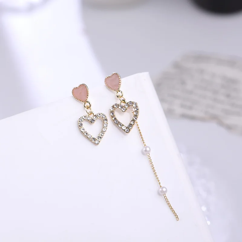 

2020 New Korean Charm Pearl Tassel Crystal Love Heart Earrings for Women Fashion Asymmetric Drop Earring Luxury Jewelry