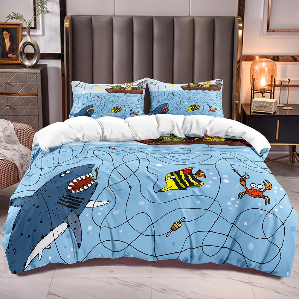 

Boys Girls Bedding Duvet Cover with Cartoon Fisher and Shark Birds Pattern Comforter Cover White Reverse