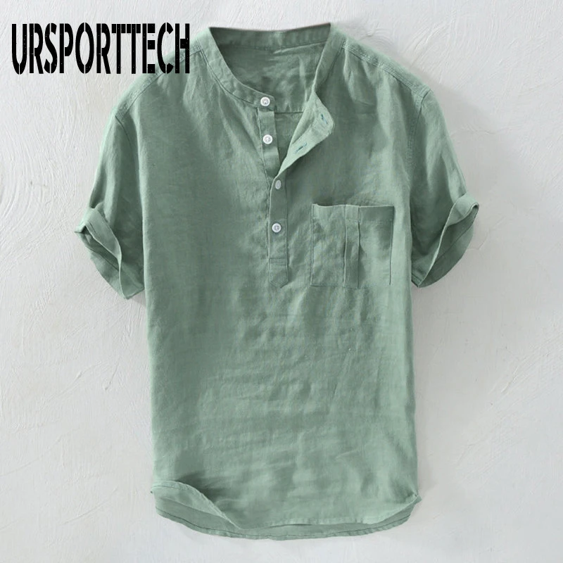 URSPORTTECH 2020 New Fashion Men's Cotton Linen Shirts Short Sleeve Summer Tee Casual Breathable Man Tops Blouse Plus Size M~4XL