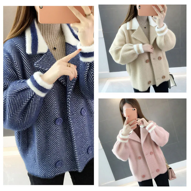 

Imitation Mink Velvet Coat For Women's Winter Jackets 2021 Short Knitted Sweater Stripe Woolen Coats For Lady Clothing Plus Size