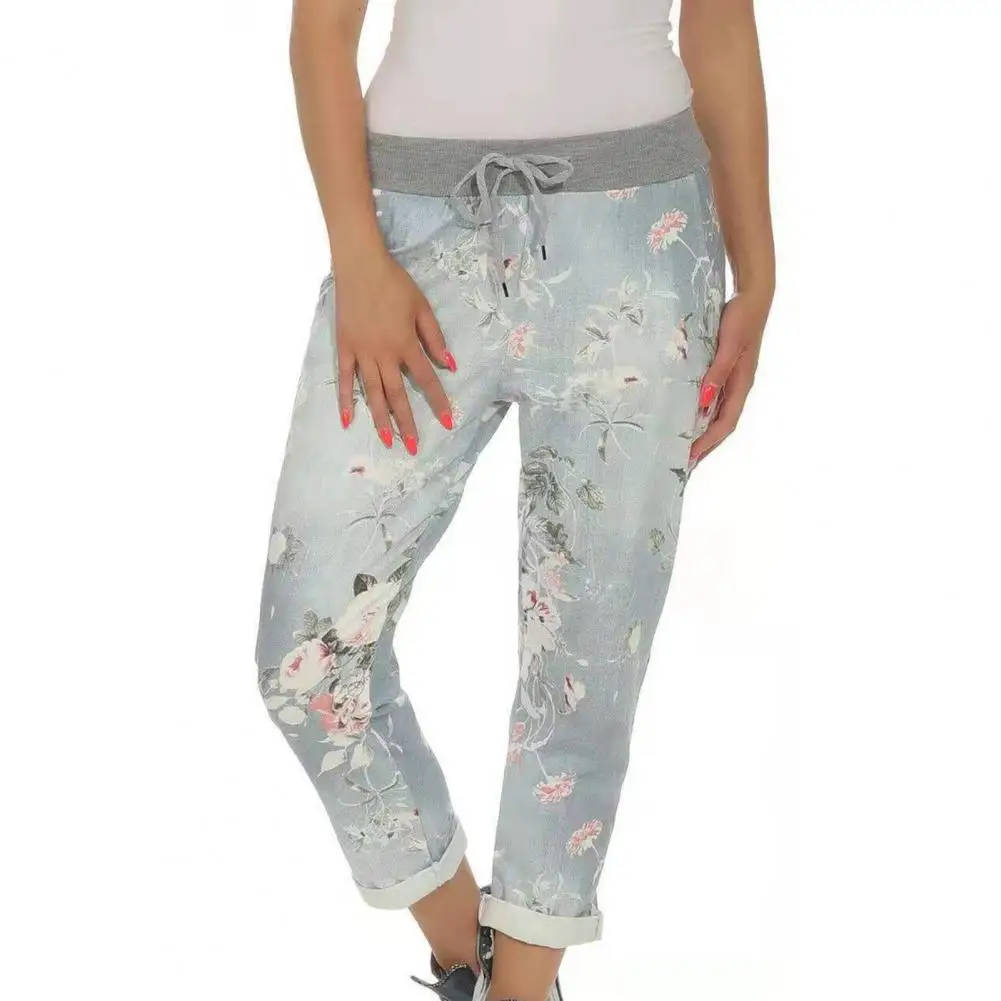 Джинсы женские уличные с цветочным принтом повседневные брюки боковыми