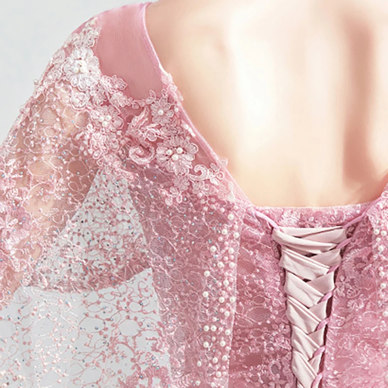 

Pink Luxury Evening Dress Illusion A-Line Crystal Pearls Sequined Embroidery Lace Tulle Half Elegant Women Formal Dresses TS150