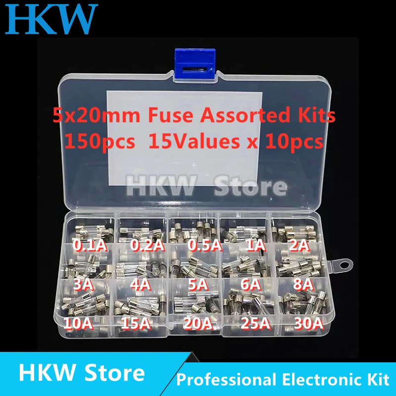 

150pcs Set 5x20mm 15 Values 0.2A 0.5A 1A 2A 5A 20A 25A 30A Quick Blow Glass Tube Fuse Assorted Kit Fuses 5*20mm Fusible Fusibles