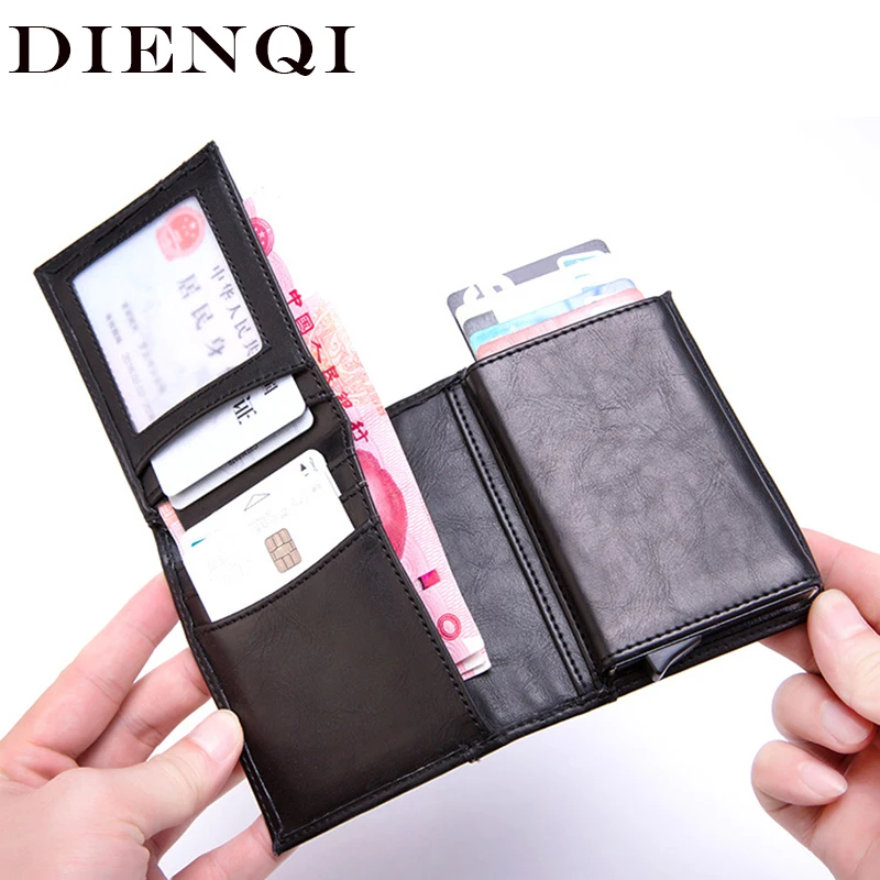 Мужской кожаный держатель для карт DIENQI металлический RFID большая вместимость