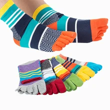 Calcetines de algodón con estampado de rayas para hombre, medias de cinco dedos, con contraste de colores, 5 pares