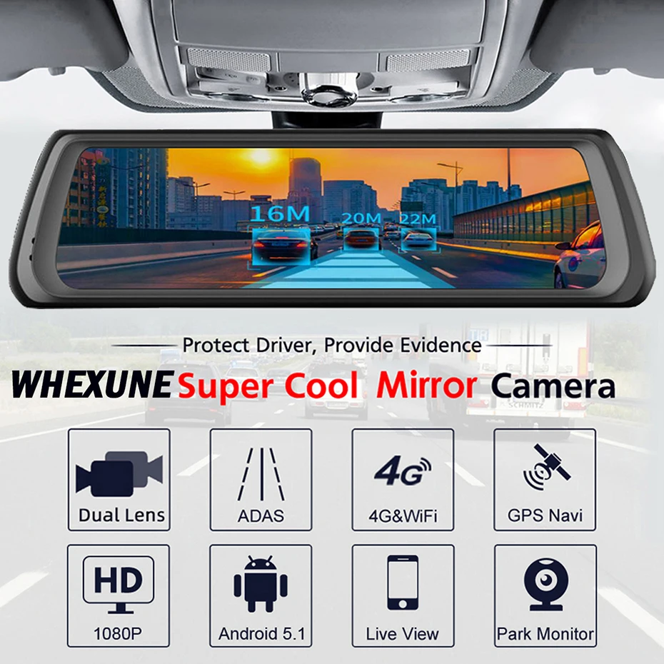 WHEXUNE 4G Автомобильный видеорегистратор Android Touch ADAS Dash Cam Автомобильное зеркало заднего вида 10 дюймов видеорегистратор двойной объектив gps навигатор рекордер WiFi