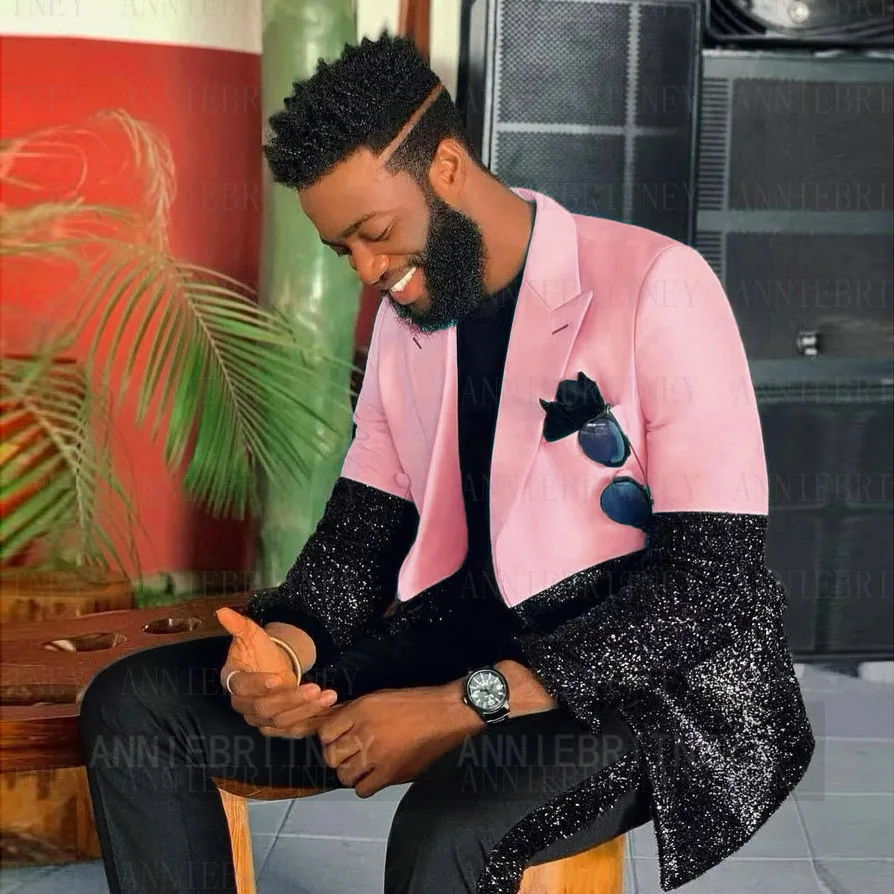 

Custom Made Fashion Pink Black Shiny Suits for Men Slim Fit Male Prom Party Stage Blazer with Pants 2Pcs Casual Tide Suit Set