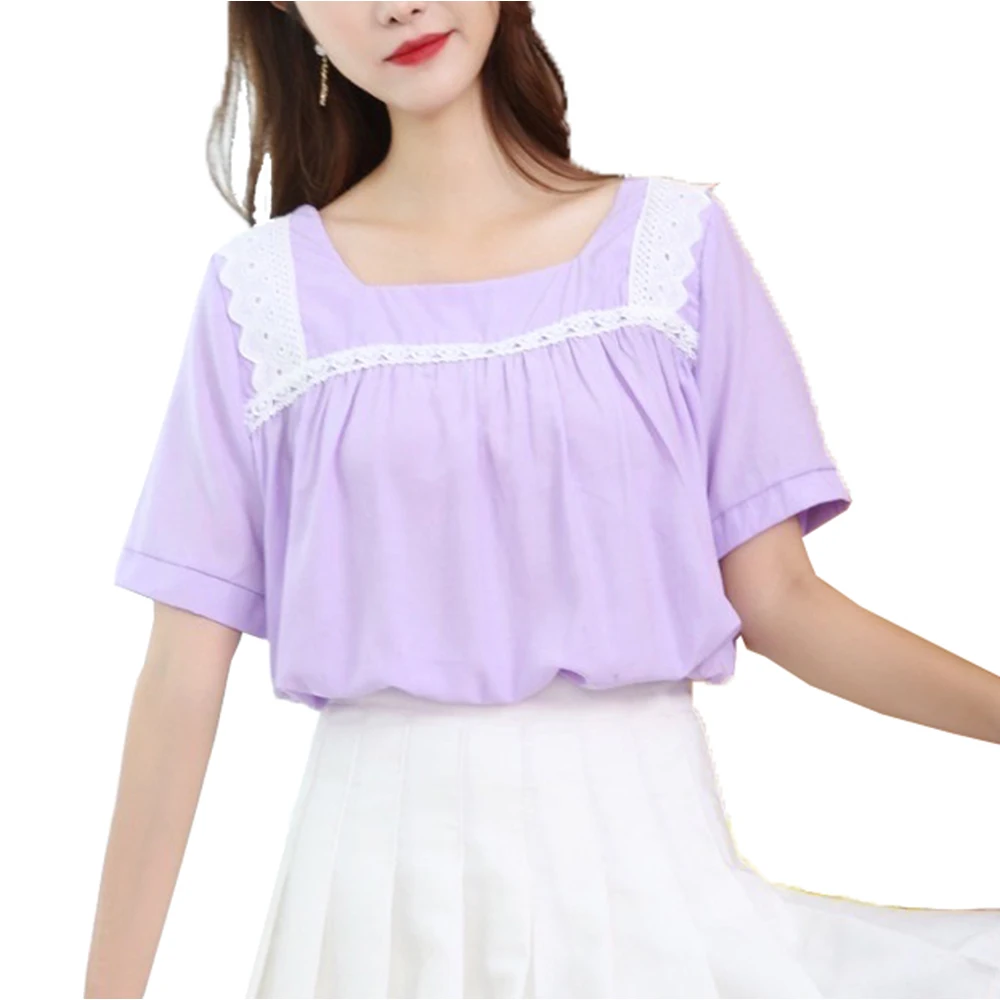 YOMING Women 2021 Summer Short Sleeve Slim Square collar Lace Trim Solid Color Shirt Elegant Blouse Рубашки
