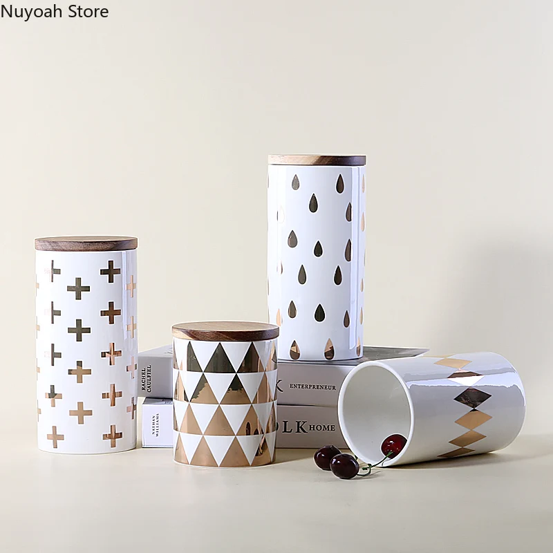 

Nordic Ceramic Sealed Jar Creative Geometric Golden Candy Jar Household Wooden Lid Storage Jar Kitchen Utensils Grain Separator