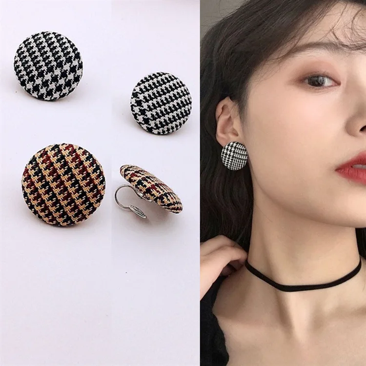 Korean Mosquito Coil Clip on Earrings Without Pierced Earrings Silicone  Painless New Trendy Houndstooth Fabric Earrings Women