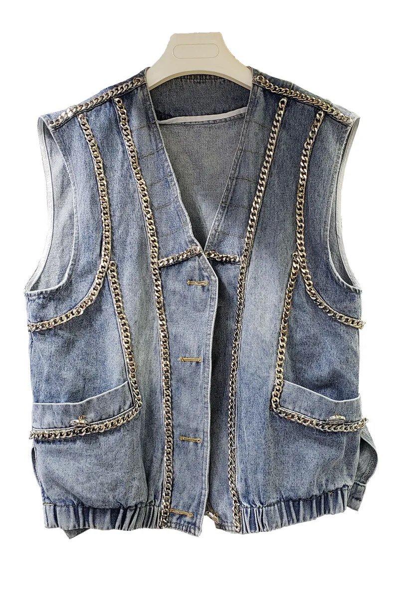 

Women's New Chain String Street Wear Sleeveless V-neck Denim Vest Fashion Casual All-match Folds Bluse Sleeveless Jeans Vest