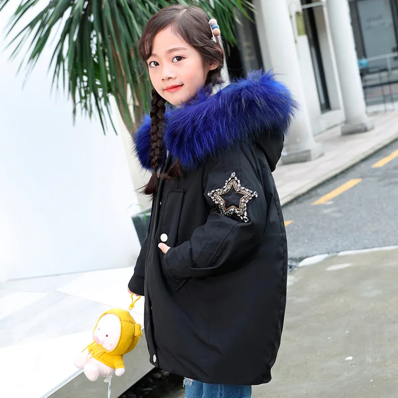 Зимняя куртка-пуховик для девочек парка с настоящим мехом капюшоном российское
