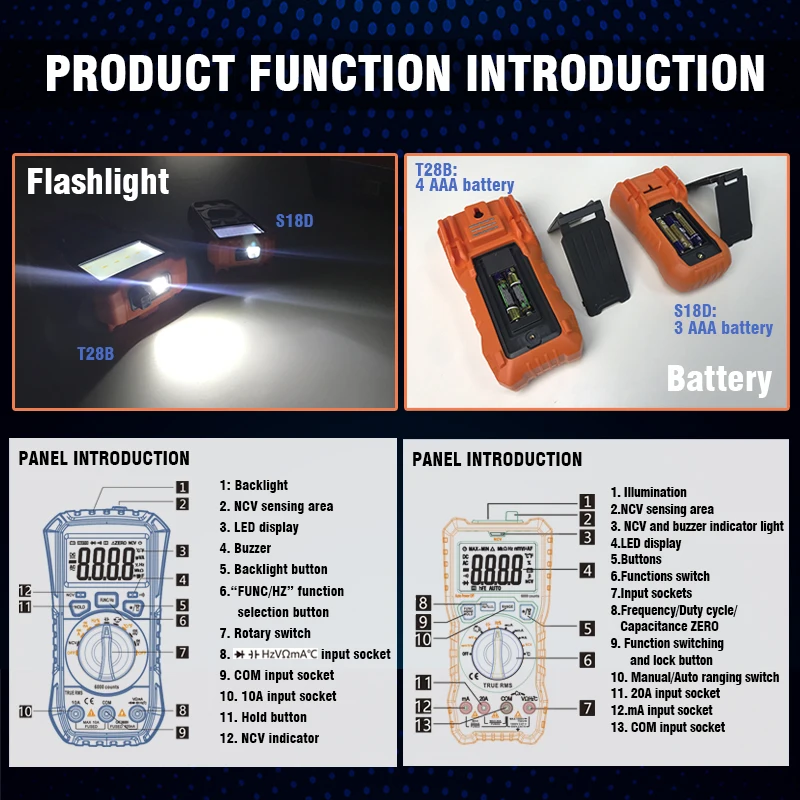 

NCV Digital Multimeter 6000 Counts Auto Ranging AC/DC Voltage Current Meter Resistance Capacitance Tester with Temperature Probe