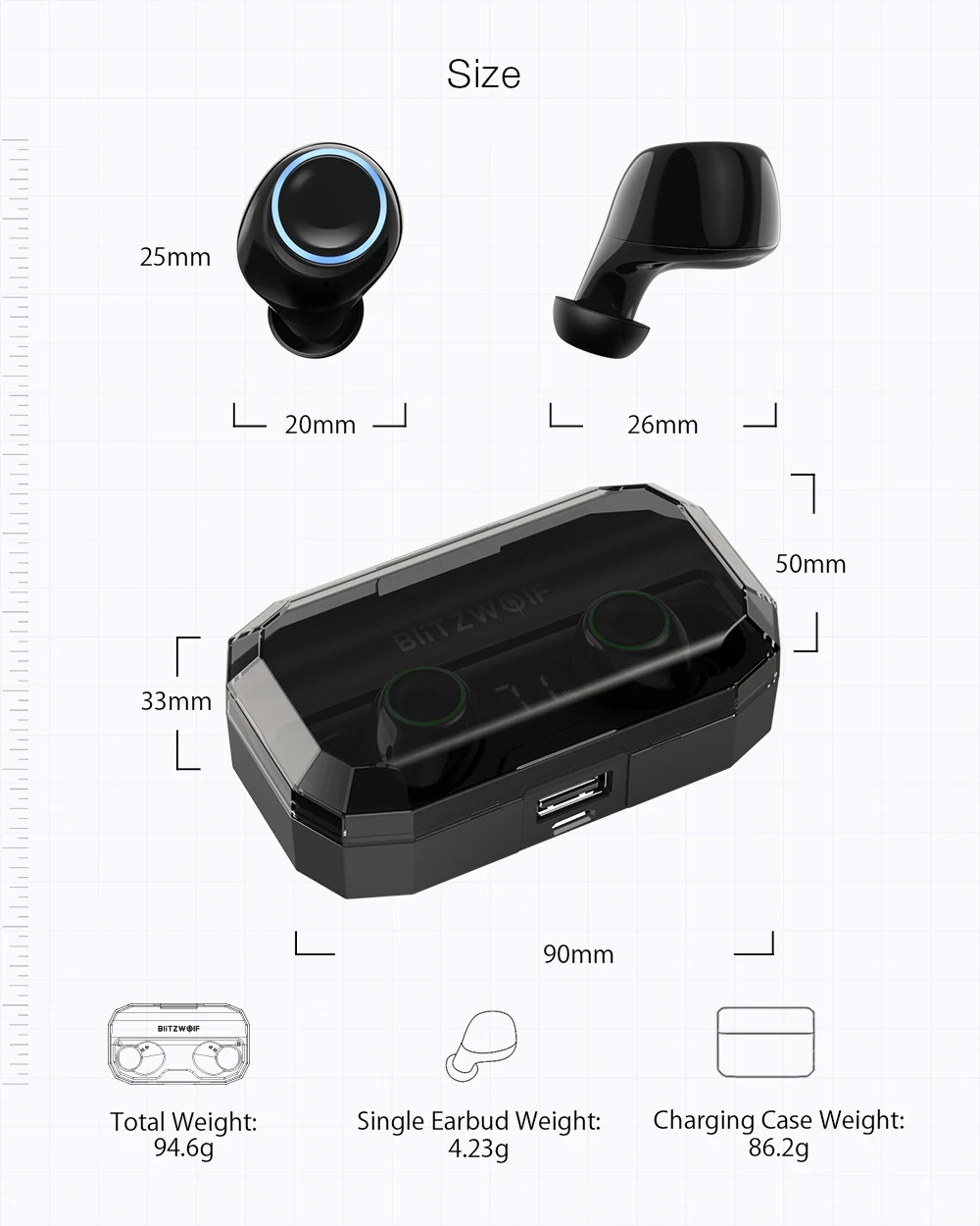 BlitzWolf FYE3S FYE3 3 TWS True Wireless Bluetooth 5.0 Наушники с цифровым индикатором питания Smart Touch Двусторонние наушники-вкладыши 2600 мАч Зарядное устройство Портативное зарядное устройство Power Bank для смар