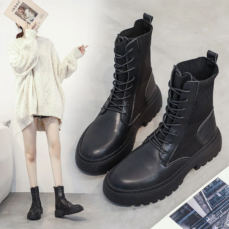 Boots Women's Short Boot Fur Women Casual Martin Autumn And Winter Socks Large Size Middle Tube Spring Black Shoes | Обувь