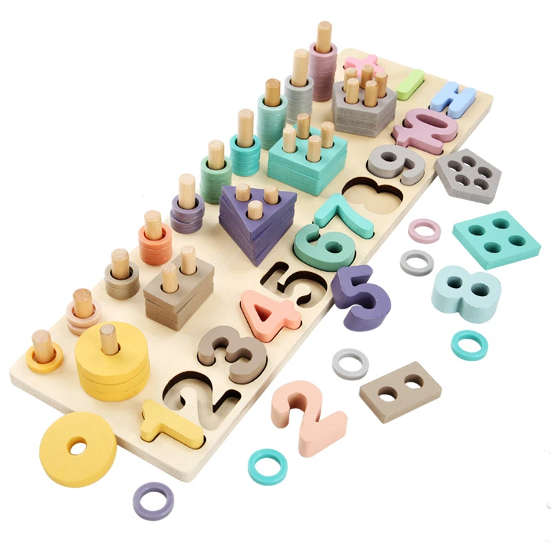 

3-in-1 Math Wooden Counting Blocks Puzzle Board Game Preschool Learning Numbers Match Shape Montessori Educational Wooden Toy
