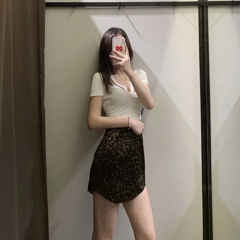 Мини-юбка женская с леопардовым принтом на молнии винтажная коричневая 2021 | Юбки