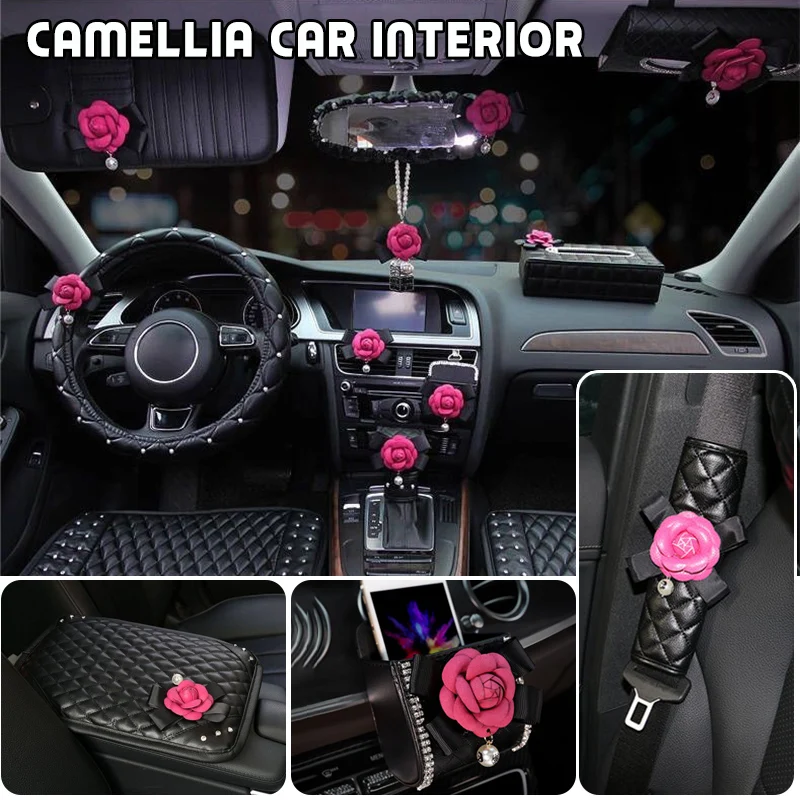

Rose Red Camellia Flower Diamond Car Interior Steering Wheel Cover Armrest Box Cushion Car Decor Women Universal Accessories