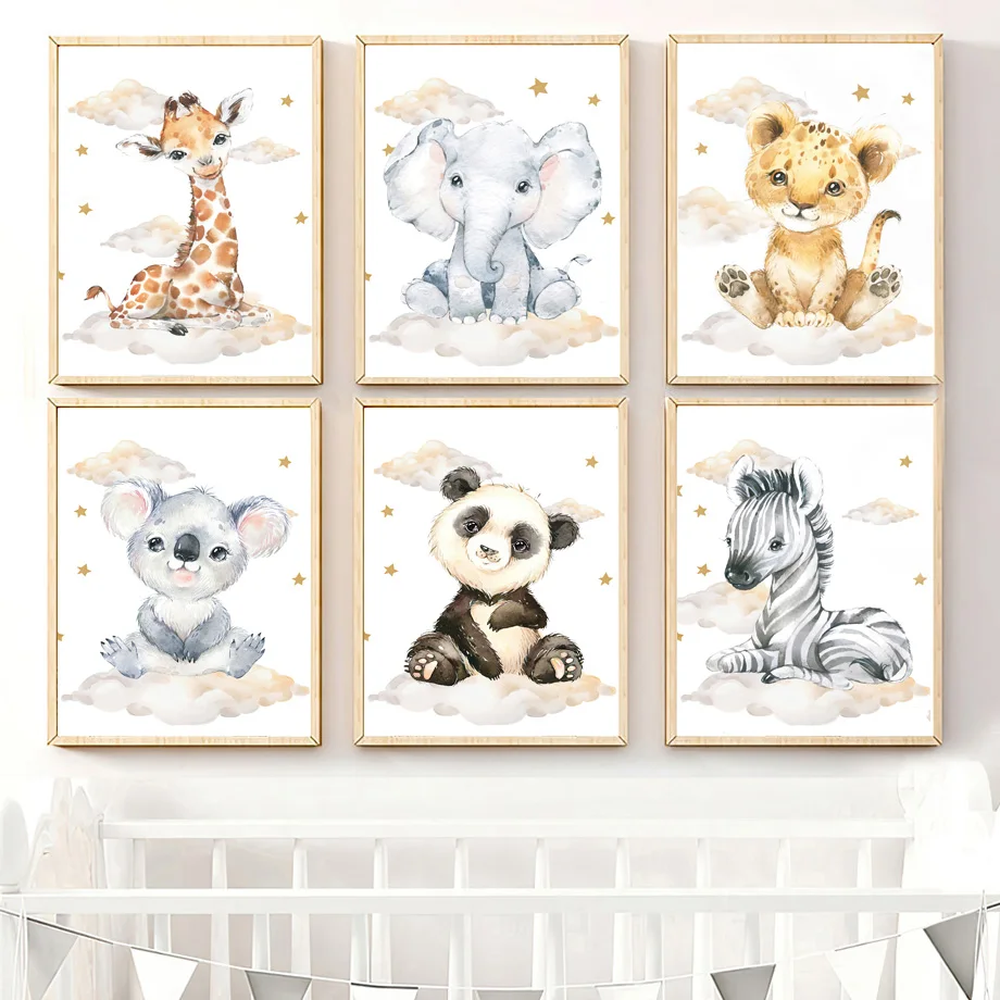 

Baby Zebra Elephant Giraffe Lion Clouds Rainbow Boho Posters And Prints Wall Art Canvas Painting Wall Pictures Kids Room Decor