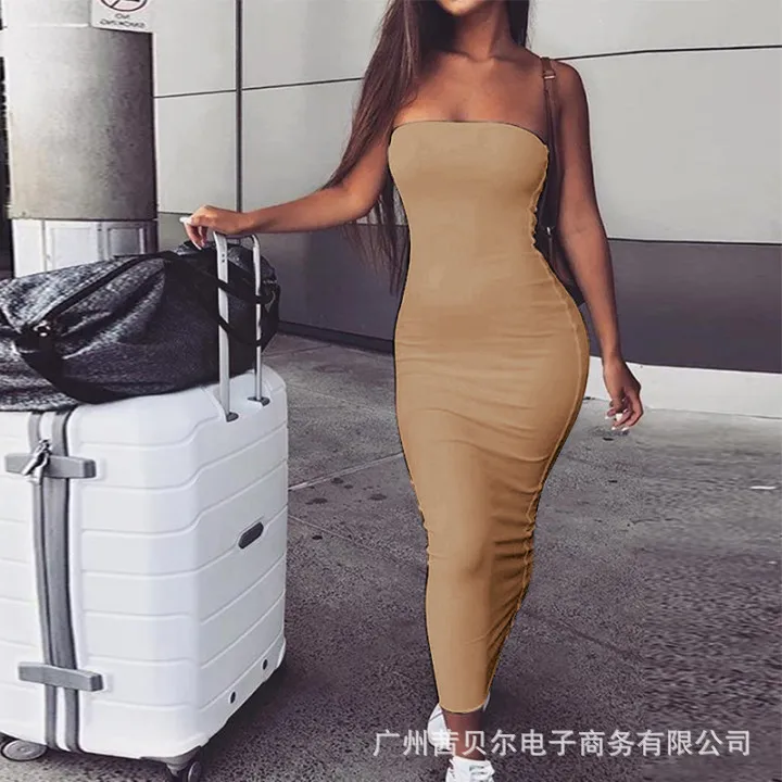 

WEPBEL Dress Women's Sexy Solid Color Slim Print Dress Summer Fashion Sleeveless Backless High Waist Strapless Dress