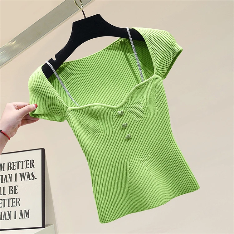 

2021 Summer Hollow-out Collar Short Knitted Top Bottoming Tt-shirt Slimming Cotton Short Sleeve Loose T Shirt Women's New Jumper