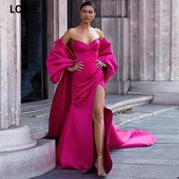 new hot pink mermaid sweetheart prom dresses detachable puff sleeves long train bow satin formal party evening dress vestidos